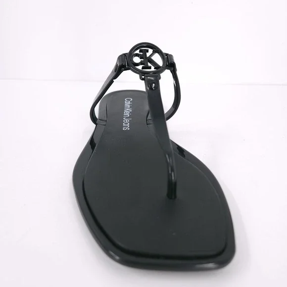 Calvin Klein Edhen Black Flat T Strap Thong Logo Sandals Womens Size 6 M - Picture 6 of 16
